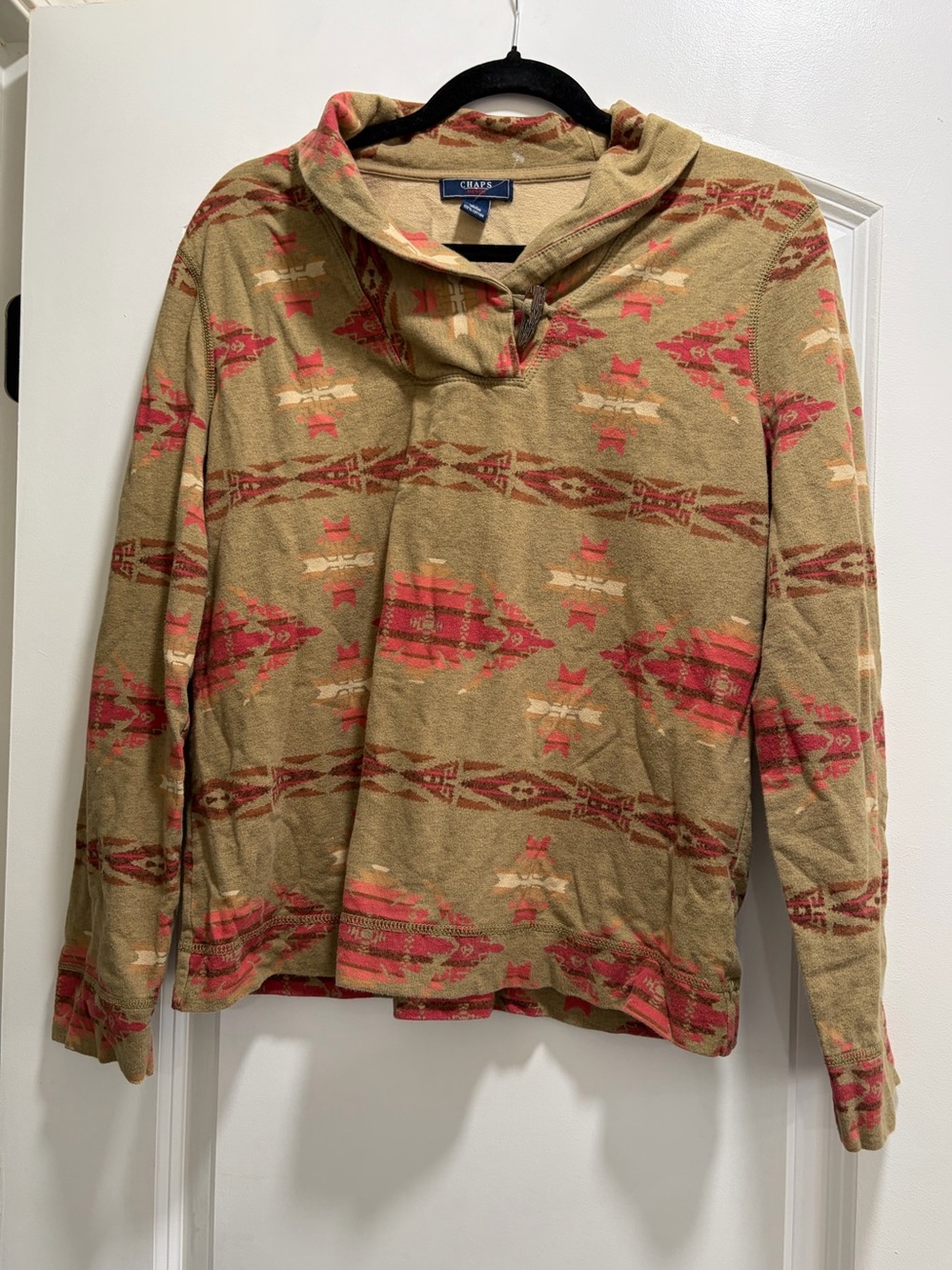 Chaps Southwestern Aztec Geometric Pullover Sweater - Cowl Neck Toggle Close